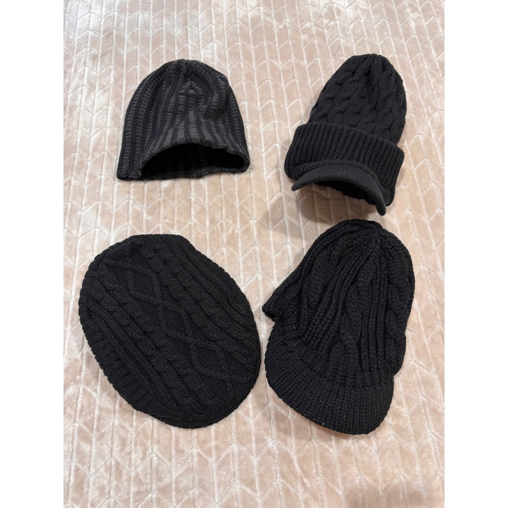 Lot of 4 Black Knit Winter Hats Beanie Newsboy Visor Cable Knit Flat Cap Set
